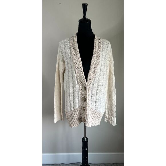 FREE PEOPLE Women's Cream Bumpy Road Long Line Cable Knit Cardigan Size XS - Picture 2 of 7